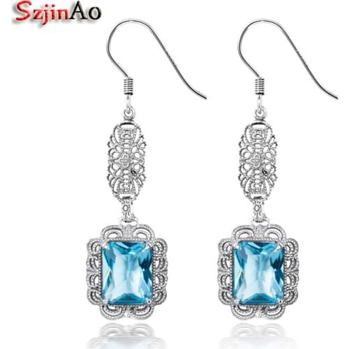 Szjinao Vintage Solid 925 Sterling Silver 3ct Sea Aquamarine Earrings for Women Wedding Party Handmade Gift Wholesale