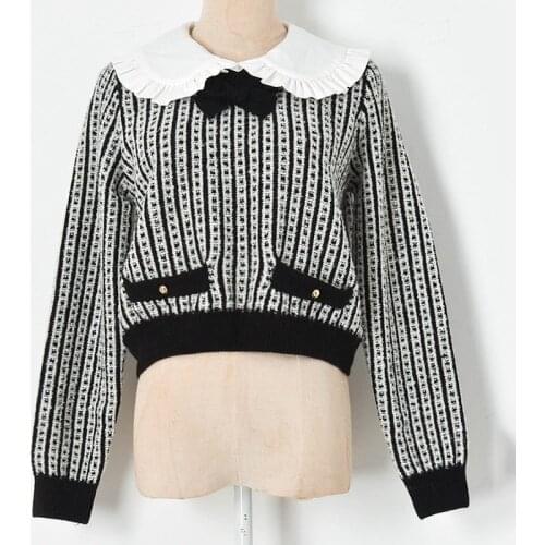 Brand Design Runway New Women Vintage Cute Sweater Black White Patchwork Bow Knitwear Top Long Sleeve Pullover Clothes 2021