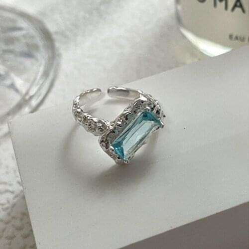 925 Sterling Silver Fashion Designer Tin Foil Texture Blue Zircon Crystal Adjustable Light Luxury Ring Women Jewelry Wholesale