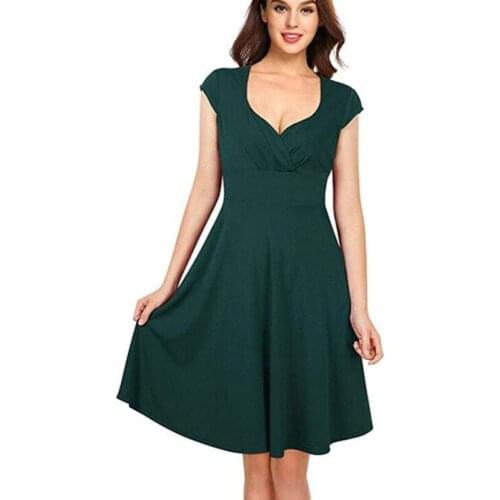 Women Spring Dress 2021 Green Color Vintage Elegant Deep V Neck Short Sleeve Dress Causal A Line Evening Party Dress Vestido