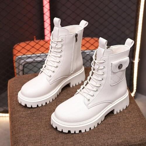 Hight Quality Autumn Winter Womens Thick-Soled Leather Boots Casual Womens Boots Womens Fashion Lace-Up High Botas Feminin