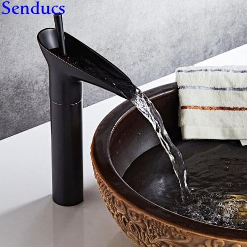 Senducs Black Bathroom Waterfall Faucet Single Lever Hot Cold Bathroom Water Tap with Quality Brass Black Basin Sink Faucet