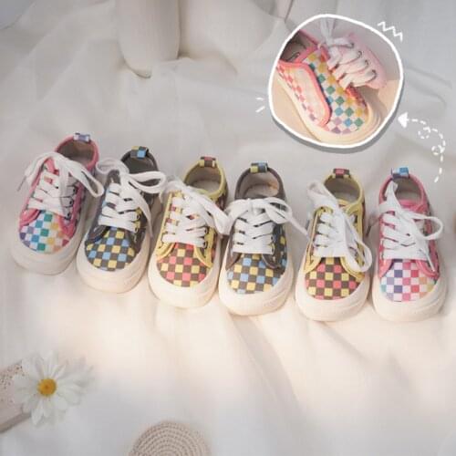 Spring and Autumn Rainbow Checkerboard Boys and Girls Kindergarten Cloth Shoes Casual Canvas Shoes Girl Non-slip Shoes