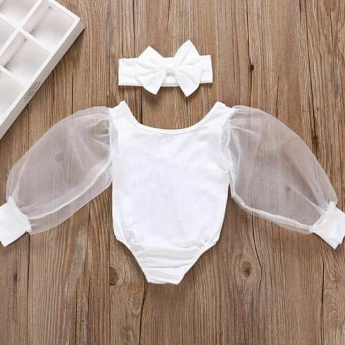 Emmababy 2PCS Newborn Kid Girls Long Mesh Sleeve Patchwork Bodysuit Lace Mesh Puff Sleeve Jumpsuit Headband Clothes