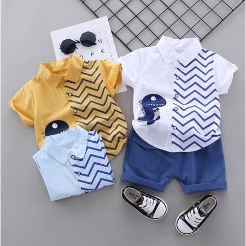 Childrens Clothing Sets Toddler Kids Boys Cartoon Dinosaur Gentleman Stripe Shirt Tops Shorts Suit School Dress Outfits