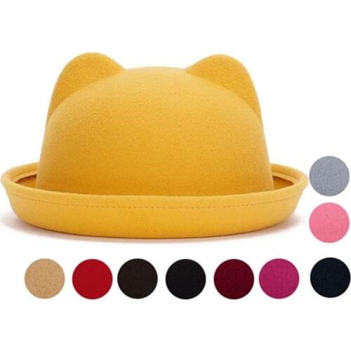 Parent-child cute bowler hat womens wooden ear solid color small bowler hat autumn winter cat ears woolen jazz hat Panama hat