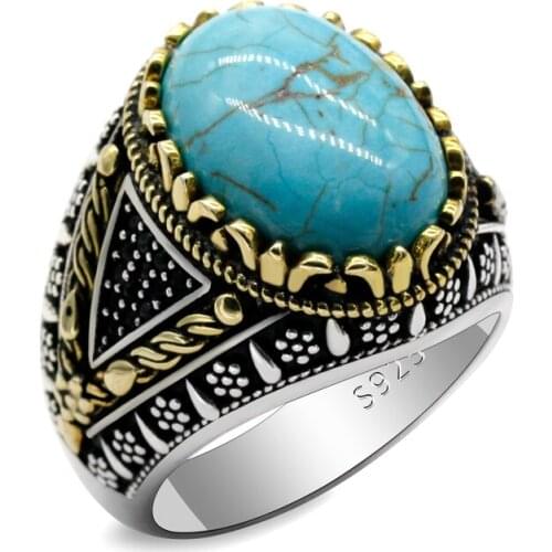 Classic Fashion 925 Sterling Silver Mens And Womens Rings With Natural Turquoise Popular V-Shaped Mens Ring Turkish Jewelry