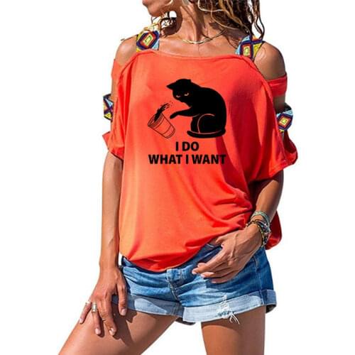 2019 new Fashion T-Shirt for Women i do what i want funny cat lover Tshirt Plus Size Women Off The Shoulder