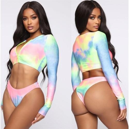2021New Womens Long Sleeve Sunscreen Colorful Zippered Biquini Push Up High Waist Sexy Beach Tunic Bikini Underwear Swimsuit