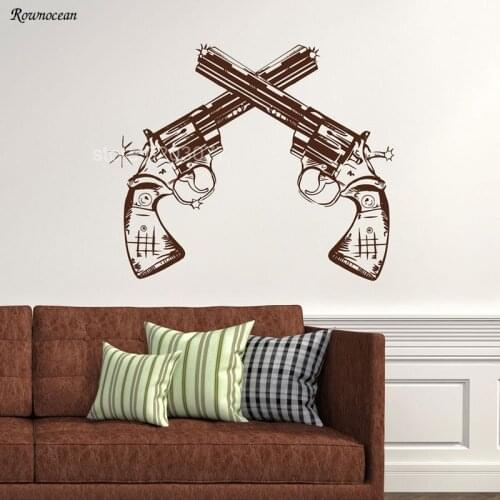 Revolver Pistols Double Guns Wall Sticker Cowboy Wall Decal Boys Bedroom Vinyl Home Decor Room Decoration Mural Poster GU02