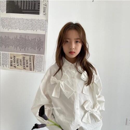 2021 Korea style girls bow shirt fashion autumn full sleeve girls blouse 4-10t B447