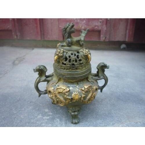 Collectable Qing Dynasty Bronze gold-plating Dragon Incense Stove\Censer,Decoration,Free Shipping