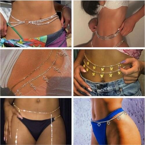 Sexy Shining Crystal Tennis Chain Waist Chain Joyas para el cuerpo For Women Dollar Butterfly love Charm Bikini Beach Jewelry