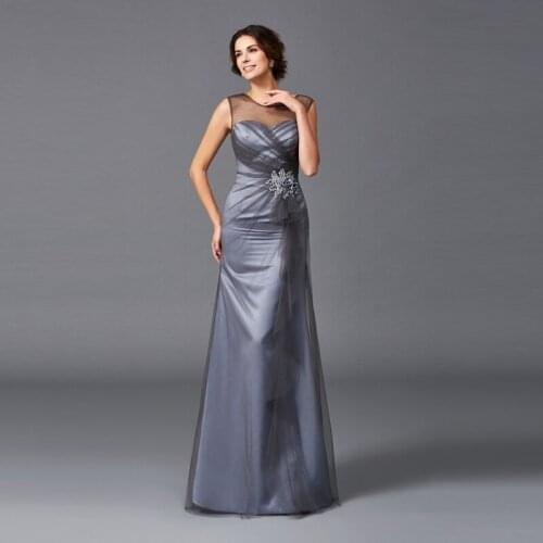 Gray Mother Of The Bride Dresses A-line Scoop Tulle Satin Beaded Plus Size Long Groom Mother Dresses For Weddings