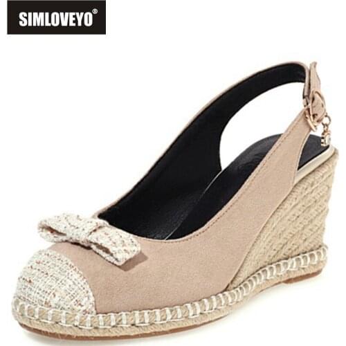 SIMLOVEYO 2021 Cap Toe Bowtie Sandals Suede Ankle Wrap Rattan Wedges Slingbacks 7.5cm Belt Buckle Size 30-44 Brown Black A4166