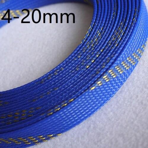 Blue Gold PET Braided Wire Sleeve 4 6 8 10 16 18 20mm Tight High Density Insulated Cable Protection Expandable Sheath Colorful