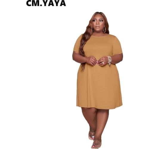 CM.YAYA Women Plus Size Dress Solid Short Sleeve O-neck Loose Maxi Dresses Casual Fashion Vestidos Summer Outfits 2021