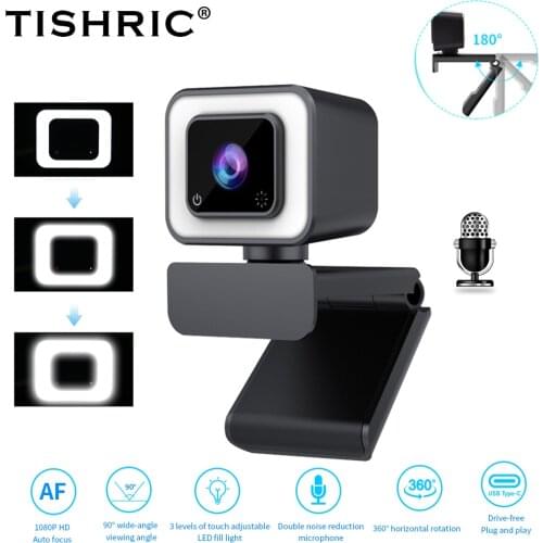 TISHRIC Webcam 1080P 60fps Web Cam Web Camera For Computer Autofocus HD Webcam With Microphone Three-stop Fill Light PC Camera
