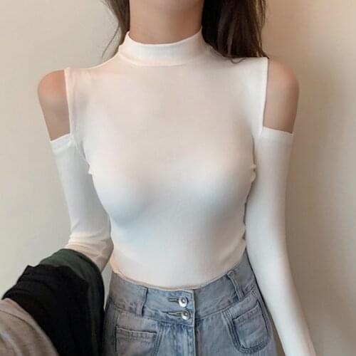 Women Autumn Solid Color Cold Shoulder Long Sleeve Mock Neck Slim T-shirt Womens clothing блузка женская ropa mujer 2020
