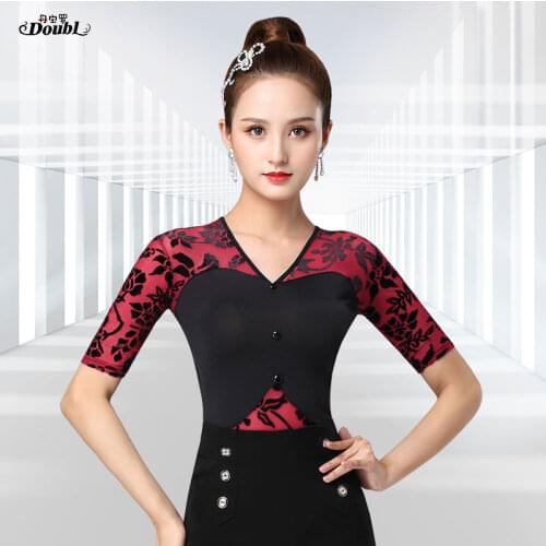 Latin coat female fashionable dance apparel v-neck summer short sleeves dancing steps rumba adult shirt