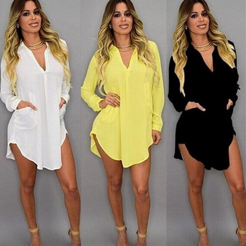Women Solid Chiffon Blouse Shirt Mini Dress Pocket V Neck Casual Loose Long Sleeve Blouse Tops Summer Beach Wear Cover Up Dress