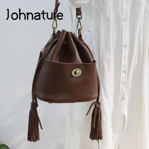 Johnature Leisure Women Bucket Bag 2021 New Genuine Leather Versatile Shoulder & Crossbody Bags Soft Nature Cowhide Small Bag