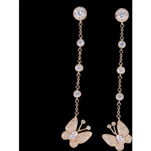 Blachette High Quality Lovely Pierced Long Chains Butterfly CZ Pendant For Women Bridal Engagement Drop Earrings Jewelry