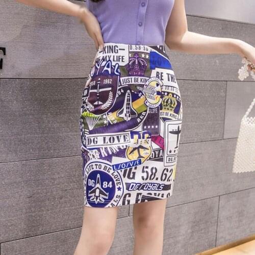 Women Skirts Korean Style Trendy Graffiti Print Zipper Skirt Fashion Wild Slim High Waist Knee Length Skirt