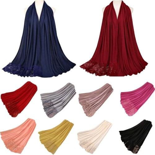 Women Solid Cotton Lace Floral Beading Scarf Muslim Hijab Large Shawl Scarves Long Scarf Islamic Turban Arab Fashion 200*70cm