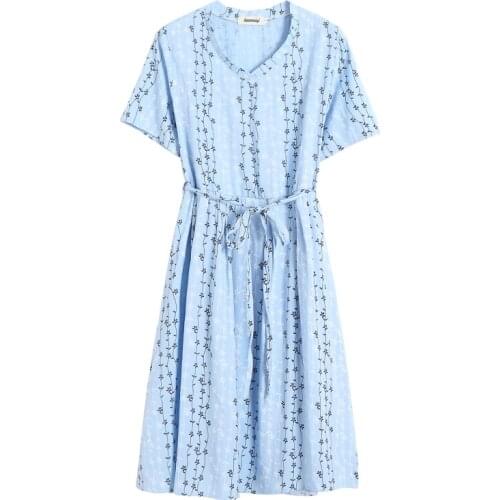 2018 New fashion blue flower printed dress women short sleeve cotton dress for summer