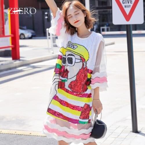 Summer Korean Net Yarn Sexy Sweet Dresses for Women Flared Half Sleeve Neck Lace Stitching Ruffle Sequins Comic Pattern Dress