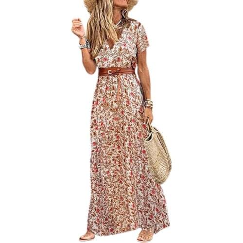 Womens Floral Maxi Dress Fashion Temperament Bohemian Short Sleeve Slim Fit V-Neck Dress