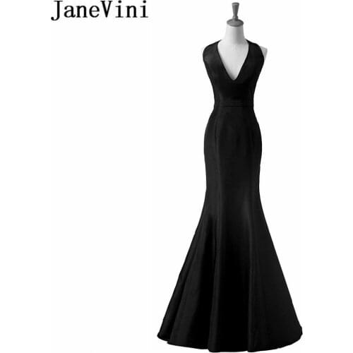 JaneVini Simple Halter Mermaid Mother Of The Bride Dresses 2019 Long Floor Length Satin V-Neck Evening Dress Vestido De Noivinha