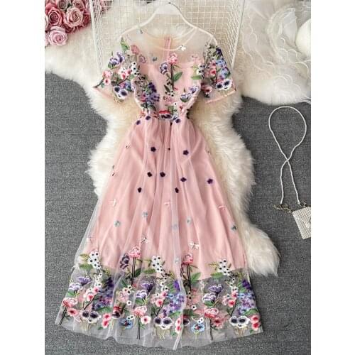 Banulin New 2021 Women Summer Fashion Runway Midi Dress Short Sleeve Mesh Flower Embroidery Ladies Slim A-Line Dresses