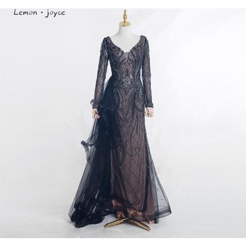 Lemon joyce Black Evening Dresses 2020 Sexy V-Neck Long Sleeve Mermaid Long Dress Illusion Beading Evening Gowns Plus Size