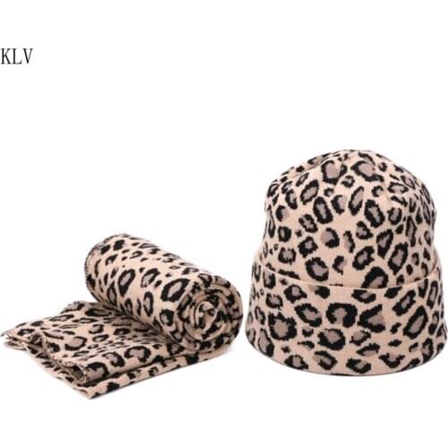 2pcs Winter Women Wool Beanie Hat Scarf Set Leopard Printing Spots Sexy Outdoor Warm Hedging Caps for Girls
