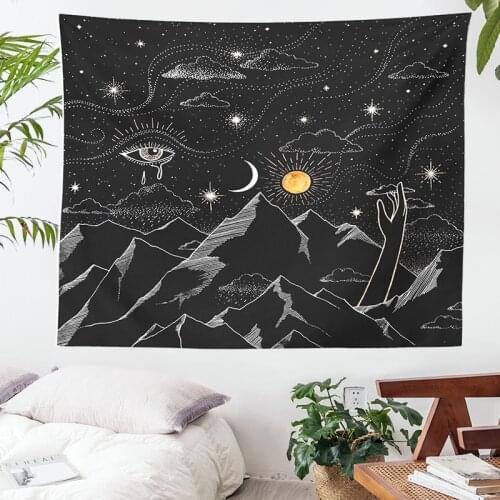 Starry Sky Tapestry Black Sun Moon Tapestry Wall Hanging Bohemian Psychedelic woman plant Cloth Bedspread Bedroom Decoration
