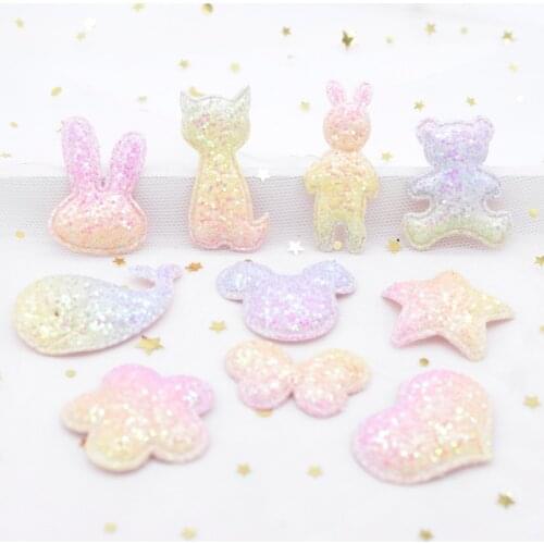 10pcs Glitter Fabric Applique Butterfly Mouse Star Flower Heart Rabbit Bear Cat Fish Baby Patches for DIY Hair Clips Decor H75
