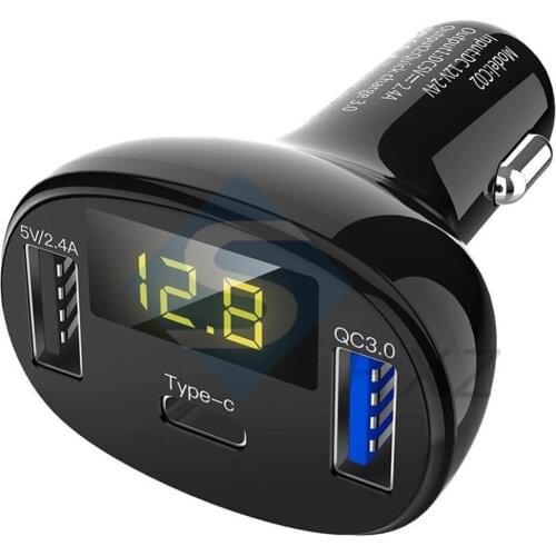 DC 12V-24V USB/Type-C car Charger Multi-function Digital Display Voltage Car Charger 5V 2.4A Dual USB + Type-c Three Outlets
