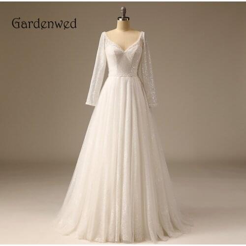 Glitter Sequin Lace V Neck Wedding Dresses Modest Long Sleeves A Line Bride Dresses Beaded Neckline