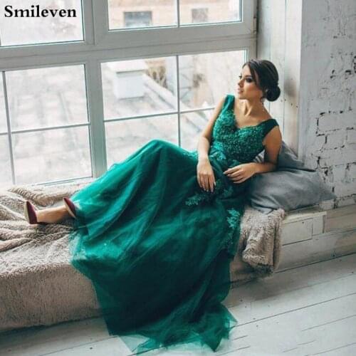 Smileven Dark Green Formal Evening Gowns A Line Prom Gowns V Neck Beaded Long Evening Party Dress