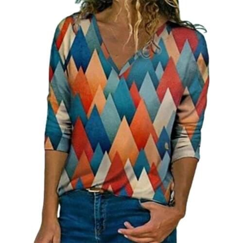 Long Sleeve T-shirt 3D Geometry Print Tshirt Women Blouse Top Blouse Workwear Thin V Neck Loose Tee Top Streetwear Tshirt Tops