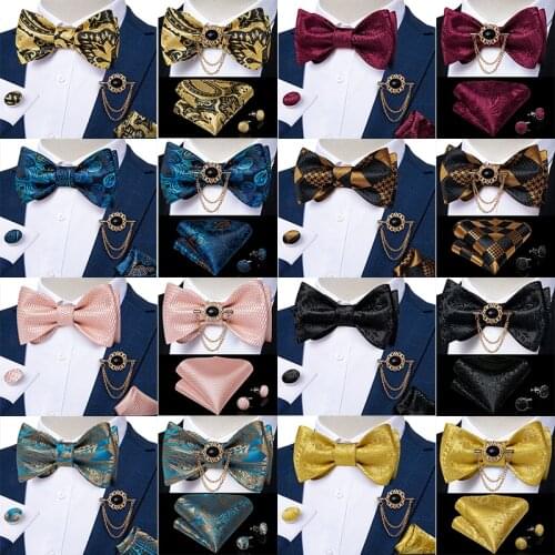 Adjustable Mens Bow Tie Handkerchief Cufflink Set Metal Brooch Chain Fashion Wedding Party Accessories Cravat Butterfly DiBanGu