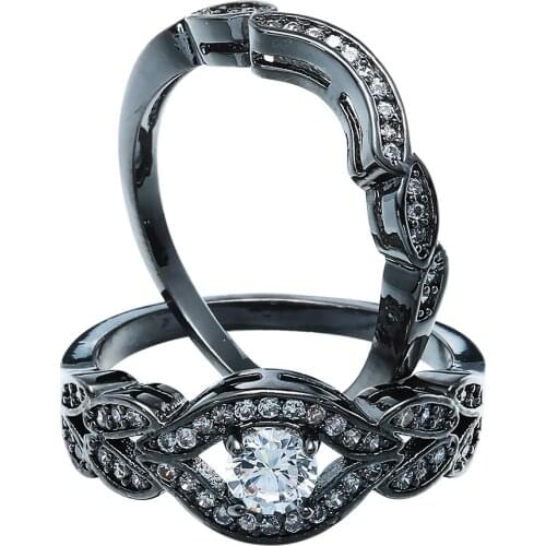 Fashion hot sale black gun plated pave CZ zircon ring jewelry for women men bridal set 2017 trendy wedding gift fine designs