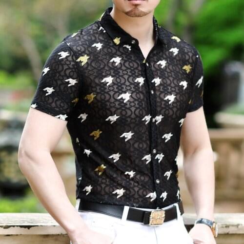 Club Designer Velvet Shirt Summer Chemise Homme Short Sleeve Slim Fit Shirt Men Dress Floral Shirt Sexy Transparent Shirt Men