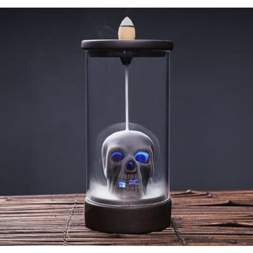 Skull Backflow Incense Burner Ceramic Windproof Waterfall Tea House Decorate Incense Base for Living Room Home Decor