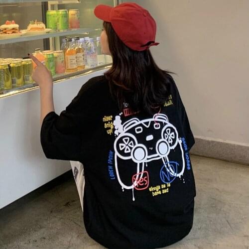 Summer college style cartoon print half-sleeved mid-length loose cotton T-shirt all-match casual women