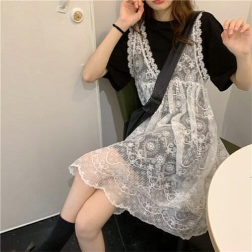 Japan Sweet Cute Lace Dress Girls Women Sleeveless Casual Sundress Korean Fashion Midi Dress High Street Vestidos