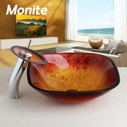 Monite Waterfall Square Gold Bathroom Sink Washbasin Bath Set Faucet Mixer Tap Tempered Glass Hand Painted Bathroom Basin Tap