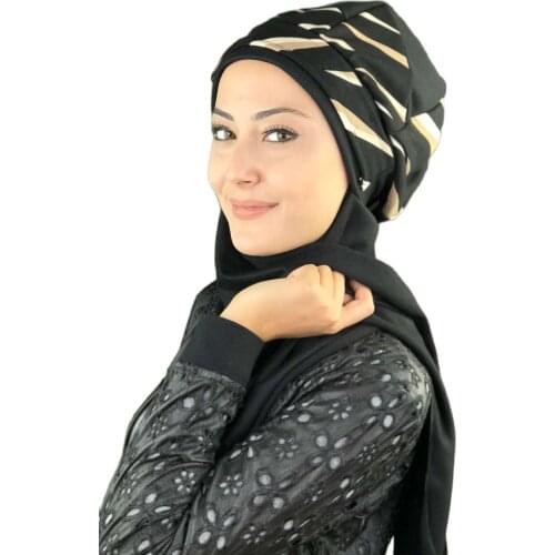 New Fashion Hijab 2021 Women Muslim Chiffon Islamic Hijab Hat Dark Green Color Tropical Leaf Detailed Pleated Ready-made Shawl
